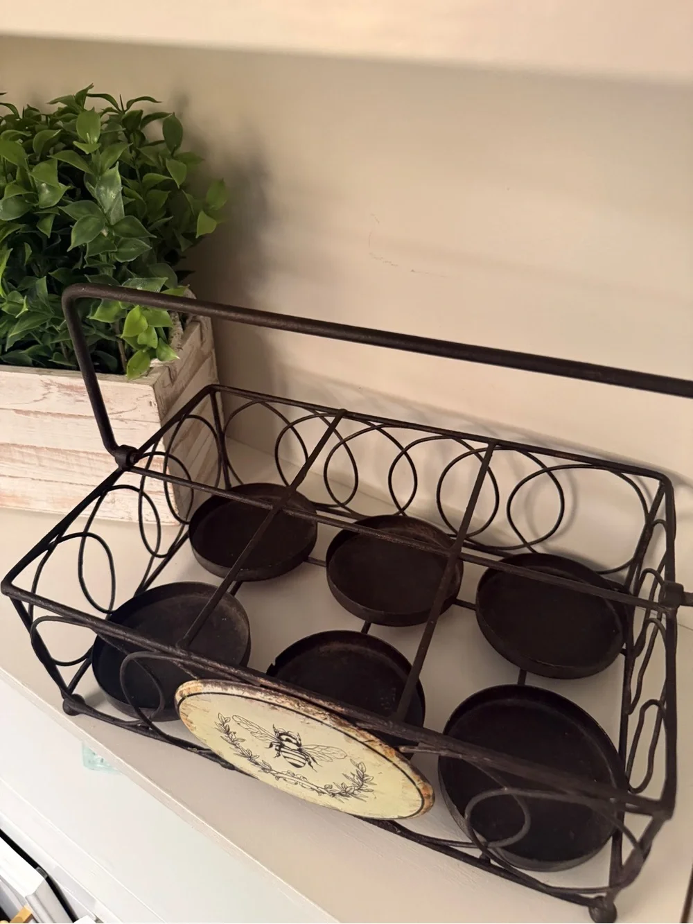 Rustic Bee Metal 6 Jar Caddy Basket Farmhouse French Country Decor